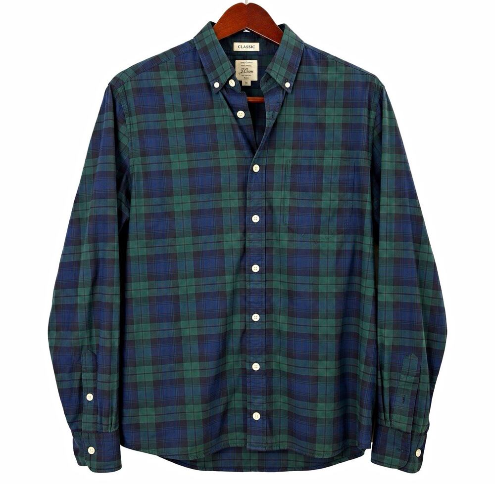 J Crew Secret Wash Black Watch Plaid Shirt M Tall Organic Cotton Stretch Classic